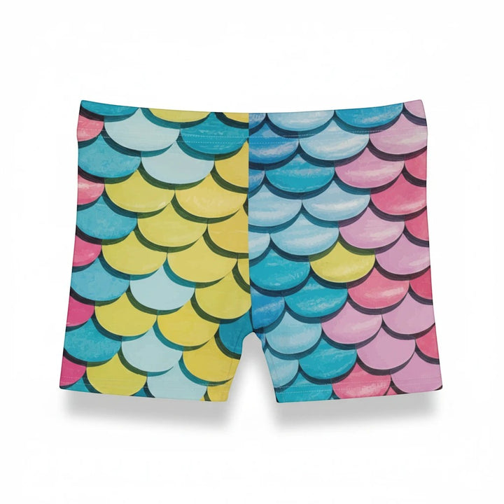 Sea Dragon Dreams women's casual shorts featuring a vibrant multi-colored mermaid scale pattern in a skinny fit.