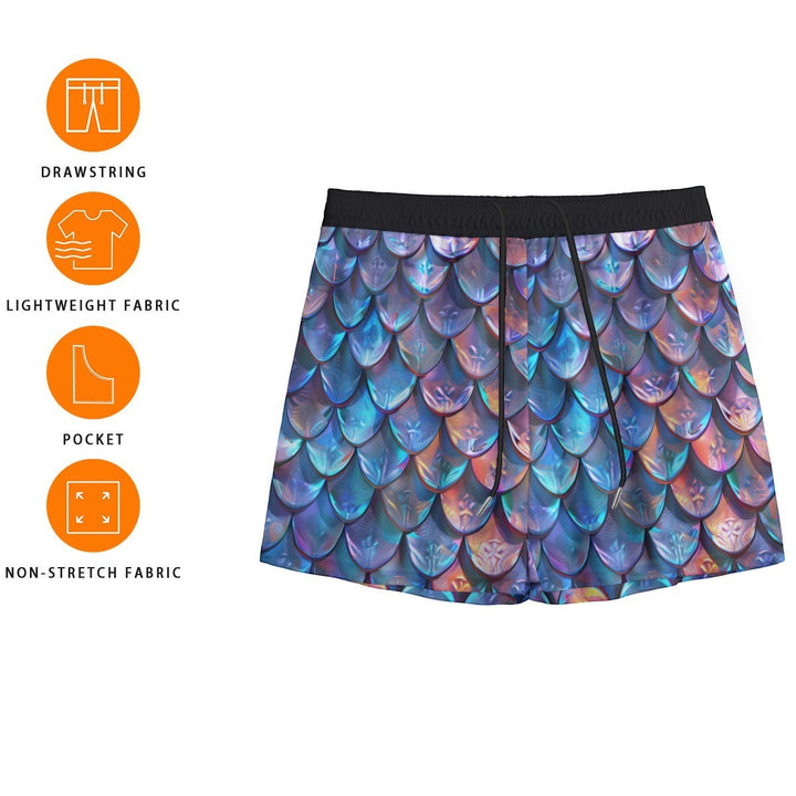 Sea Dragon Dreams iridescent mermaid scale men's shorts with a black drawstring waistband and lightweight fabric.