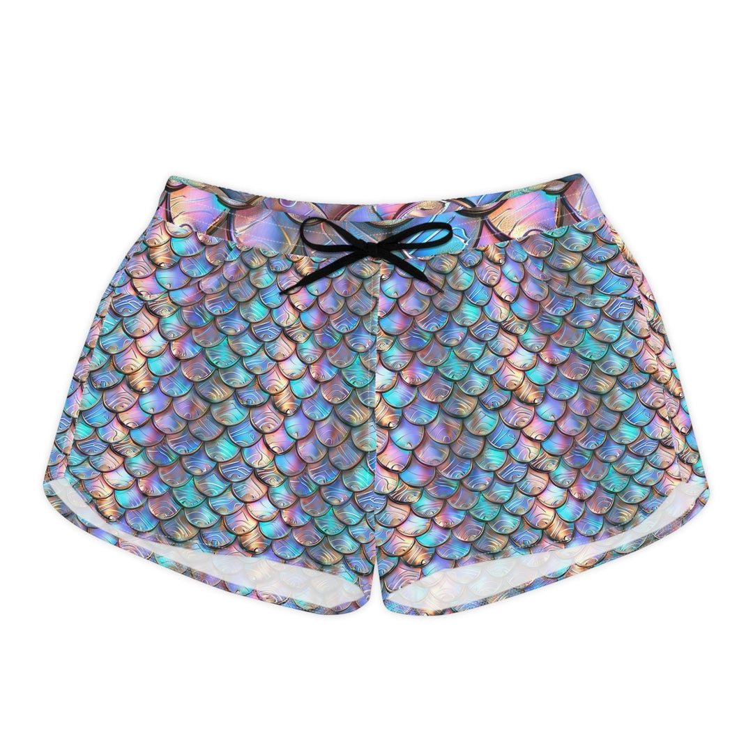 Sea Dragon Dreams iridescent mermaid scale print casual shorts with an elastic waistband and black drawstring.