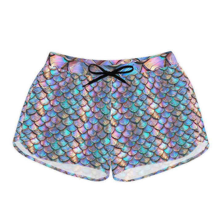 Sea Dragon Dreams iridescent mermaid scale print casual shorts with an elastic waistband and black drawstring.