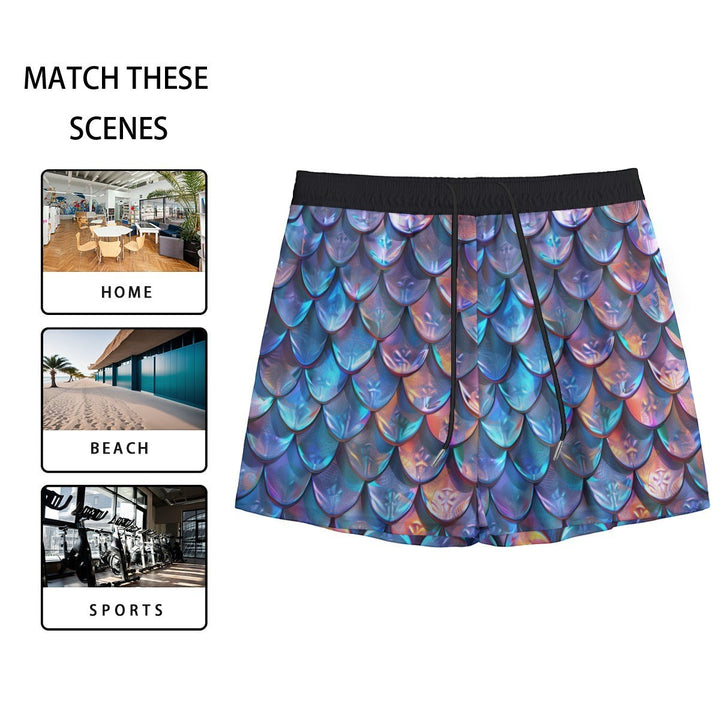 Sea Dragon Dreams iridescent mermaid scale men's shorts with a shimmering blue and purple ocean-inspired pattern.