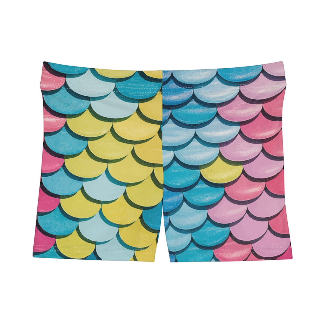 Sea Dragon Dreams women's casual shorts featuring a vibrant multi-colored mermaid scale pattern in pastel tones.