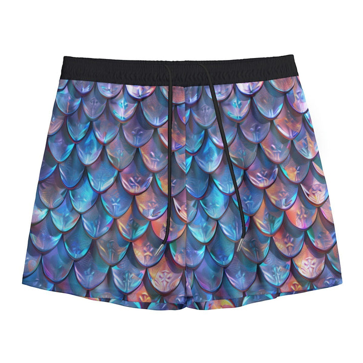 Sea Dragon Dreams iridescent mermaid scale men's shorts with a shimmering blue and purple ocean-inspired pattern.