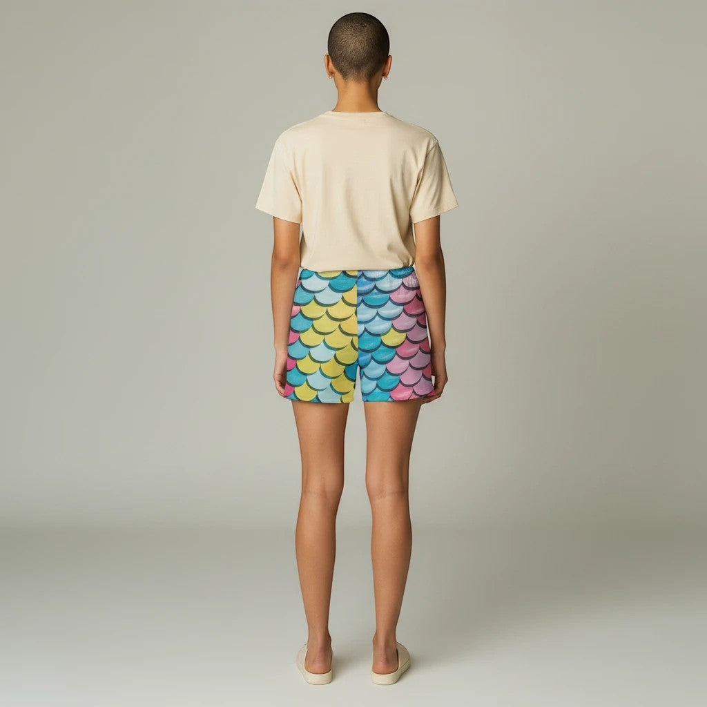 Sea Dragon Dreams women's casual shorts featuring a vibrant multi-colored mermaid scale pattern on soft fabric