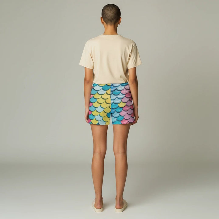 Sea Dragon Dreams women's casual shorts featuring a vibrant multi-colored mermaid scale pattern on soft fabric