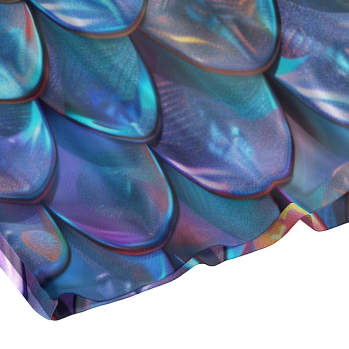 Sea Dragon Dreams men's shorts featuring a shimmering, iridescent blue and purple mermaid scale pattern.