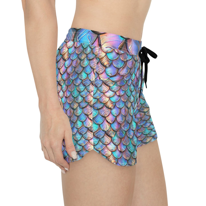 Sea Dragon Dreams iridescent mermaid scale print casual shorts with a black drawstring and elastic waistband.