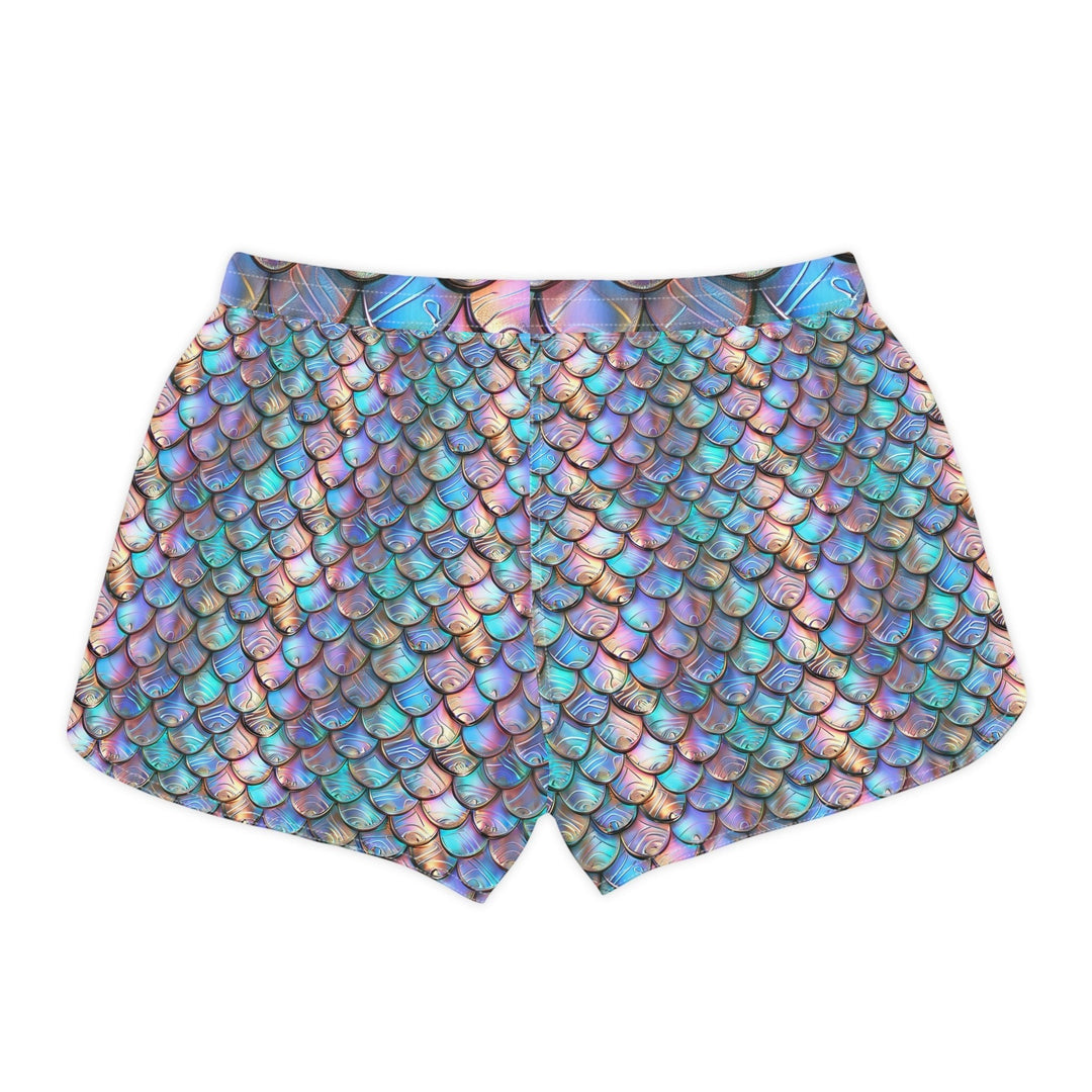 Sea Dragon Dreams iridescent mermaid scale print casual beach shorts with an elastic waistband.