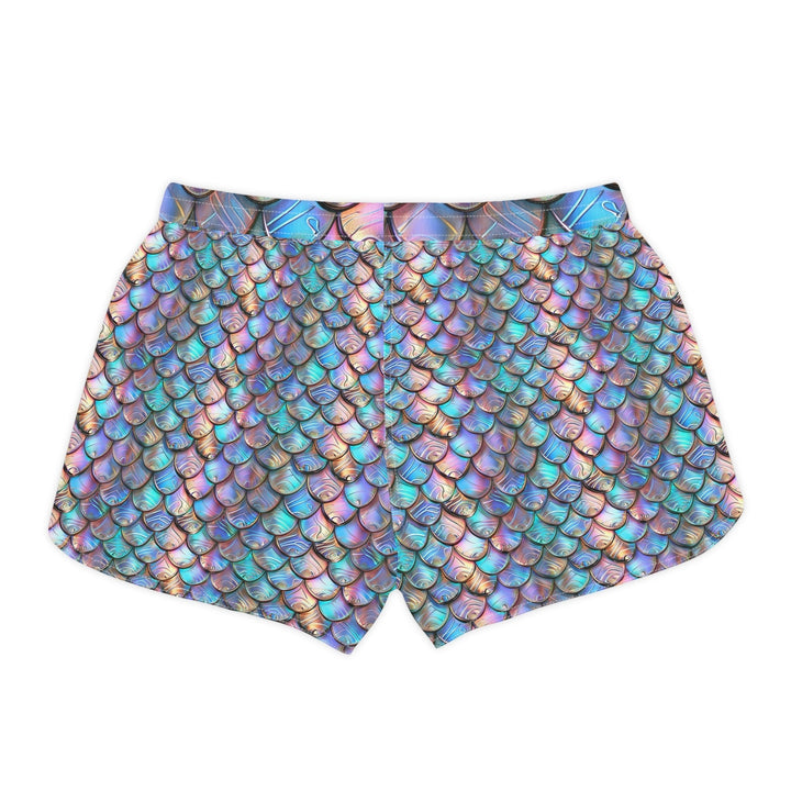 Sea Dragon Dreams iridescent mermaid scale print casual beach shorts with an elastic waistband.