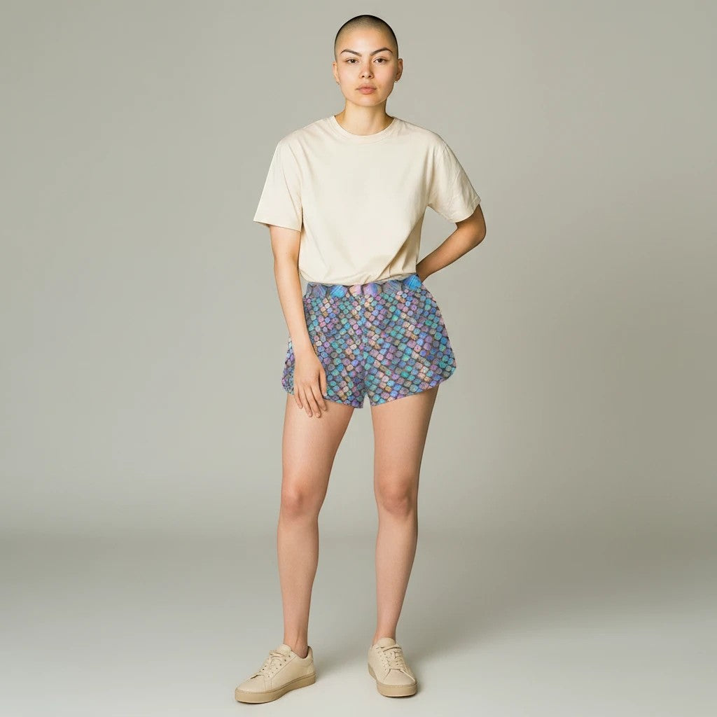 Model wearing Sea Dragon Dreams iridescent mermaid scale print casual polyester shorts with a beige t-shirt.