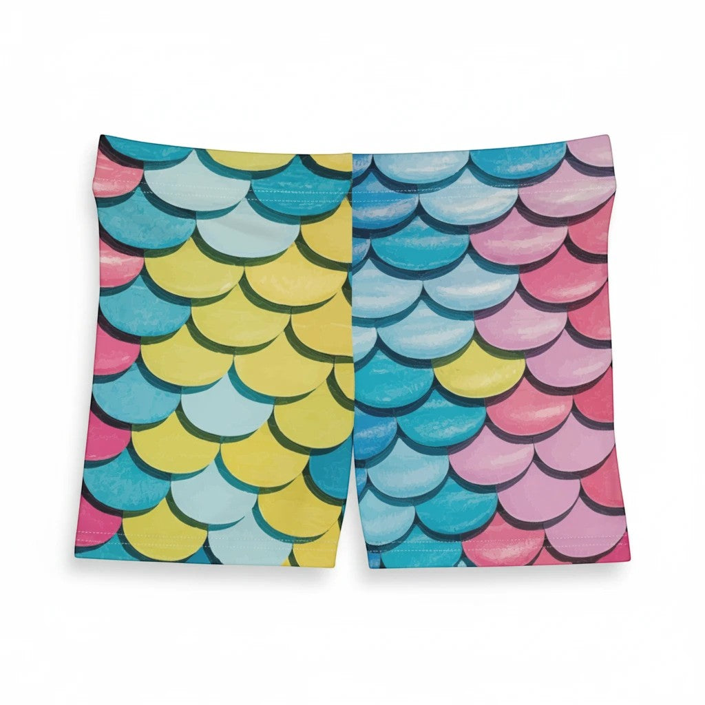 Sea Dragon Dreams women's casual shorts featuring a vibrant multi-colored mermaid scale pattern in polyester blend
