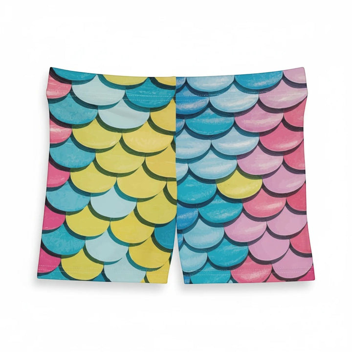 Sea Dragon Dreams women's casual shorts featuring a vibrant multi-colored mermaid scale pattern in polyester blend