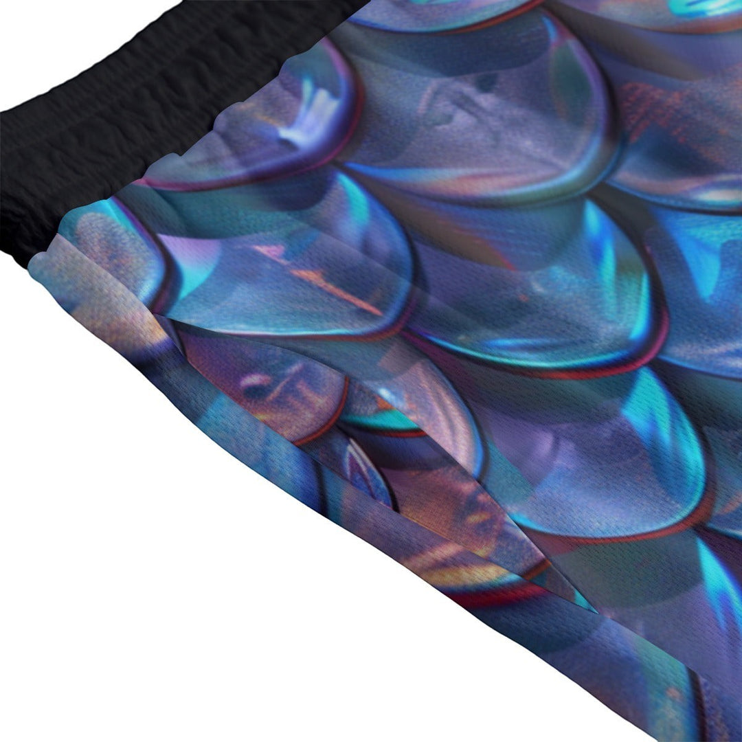 Sea Dragon Dreams iridescent mermaid scale men's shorts featuring a shimmering blue and purple ocean-inspired pattern.