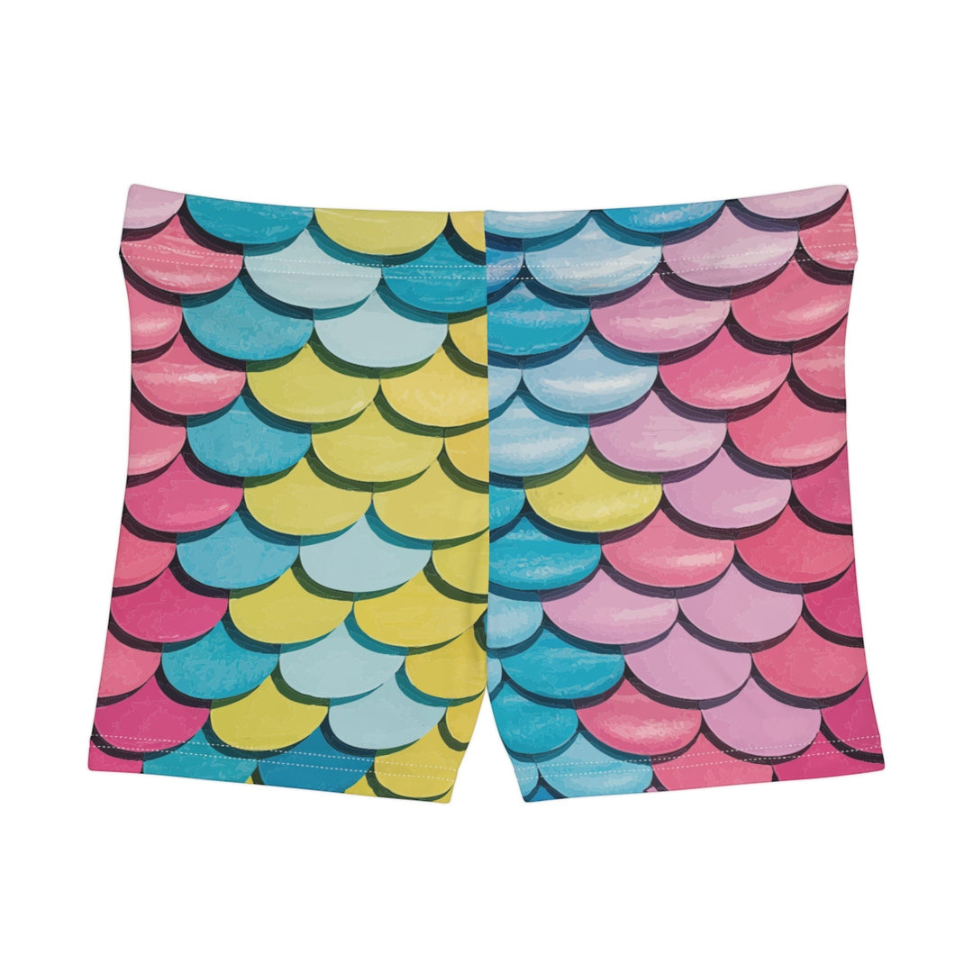 Sea Dragon Dreams women's casual shorts featuring a vibrant, multi-colored mermaid scale pattern in a skinny fit.