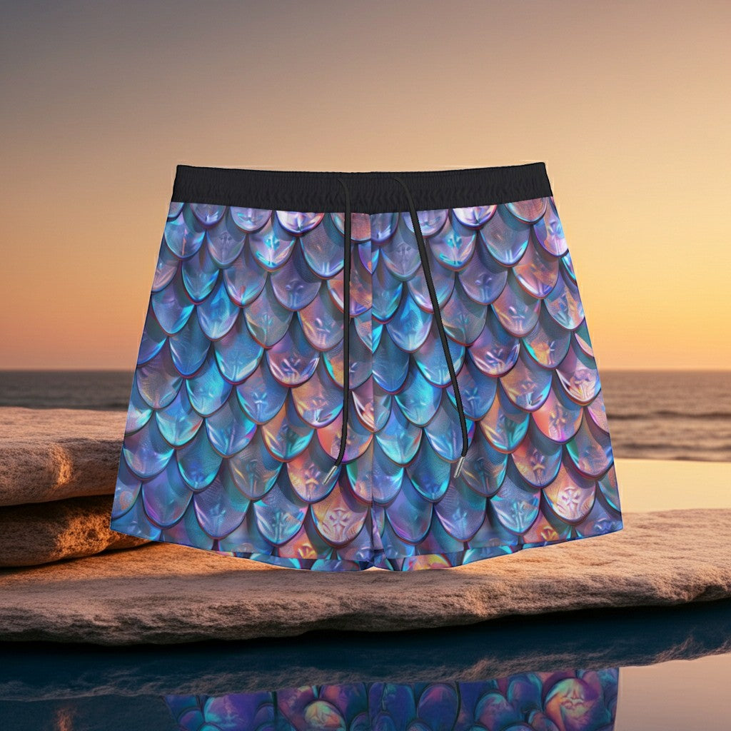 Sea Dragon Dreams iridescent mermaid scale men's shorts with a shimmering blue and purple pattern on a beach background.
