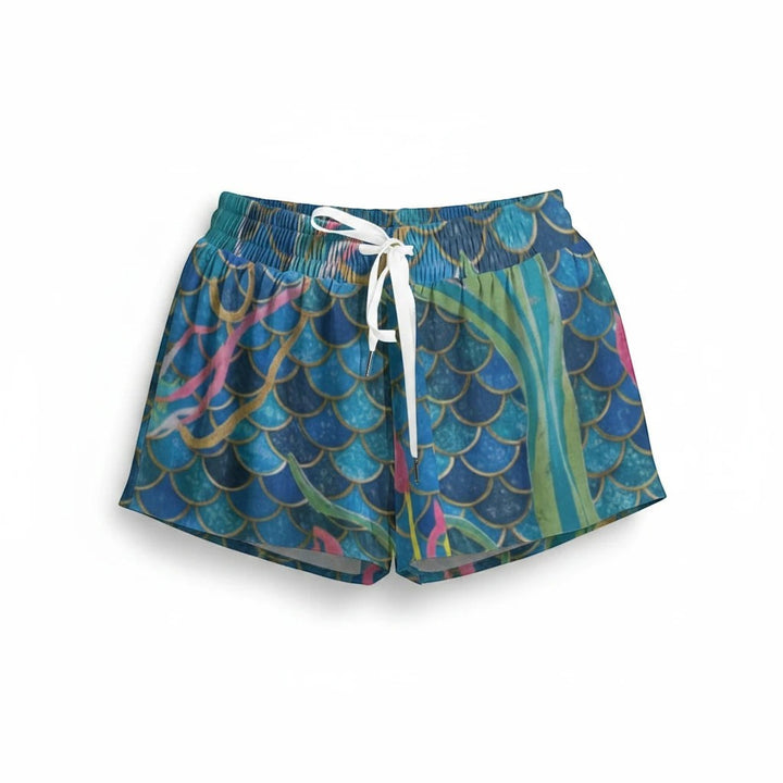 Sea Dragon Dreams mermaid scale print sport skorts with elastic waist and white drawstring in blue and green microfiber.