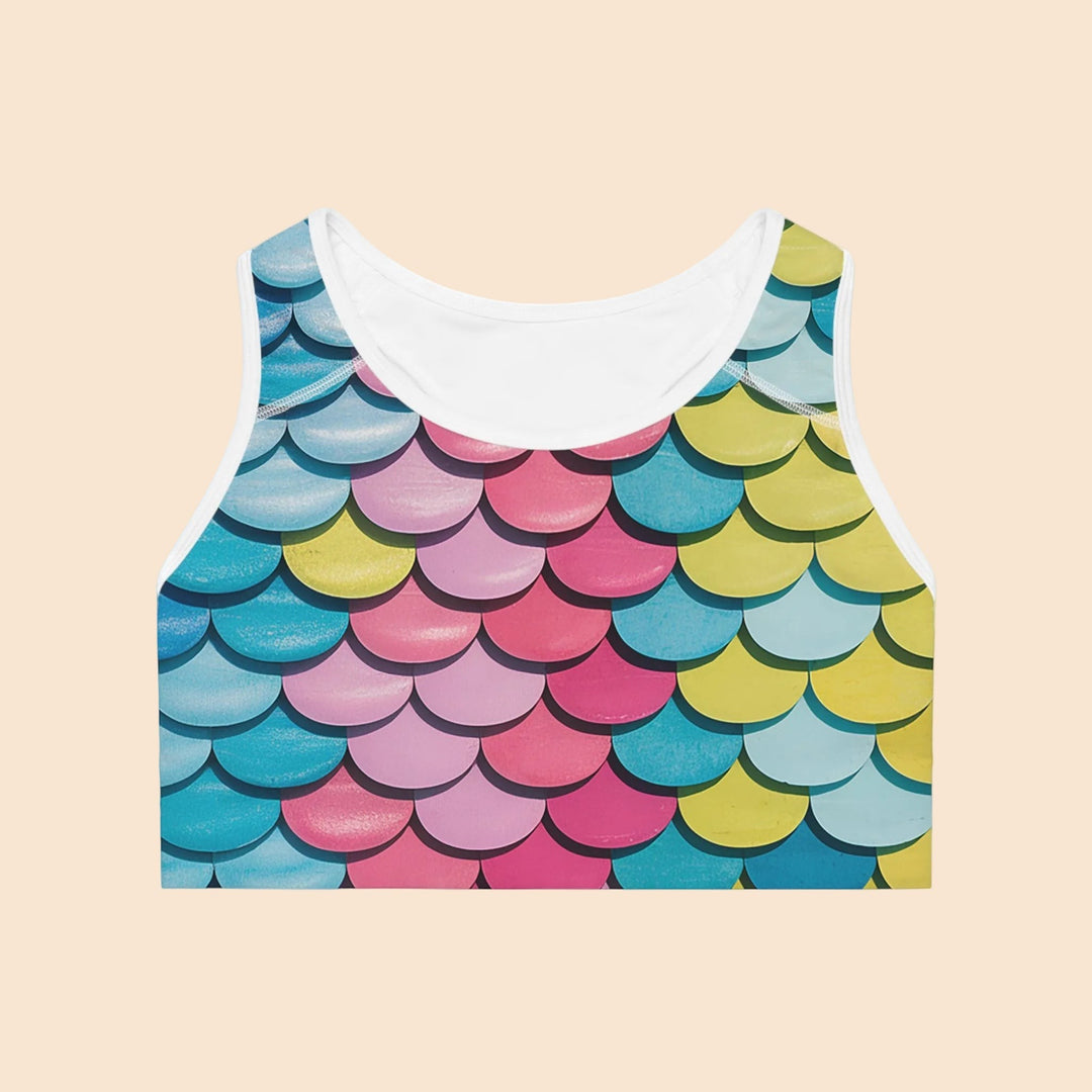 Sea Dragon Dreams seamless sports bra featuring a vibrant, multi-colored mermaid scale pattern in pink, blue, and yellow.