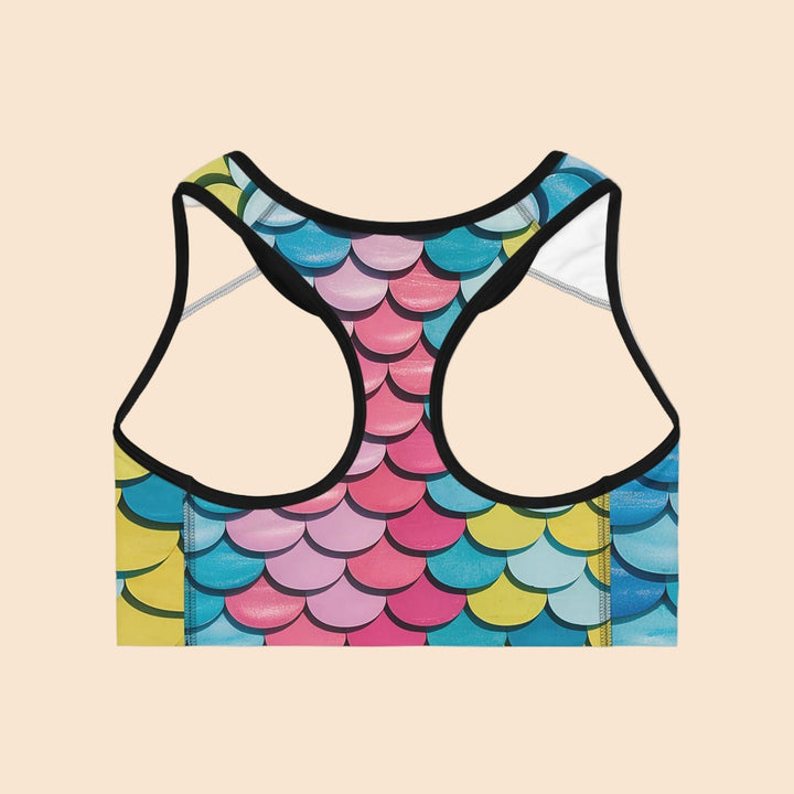 Sea Dragon Dreams MNMS seamless racerback sports bra featuring a vibrant, multi-colored mermaid scale pattern.