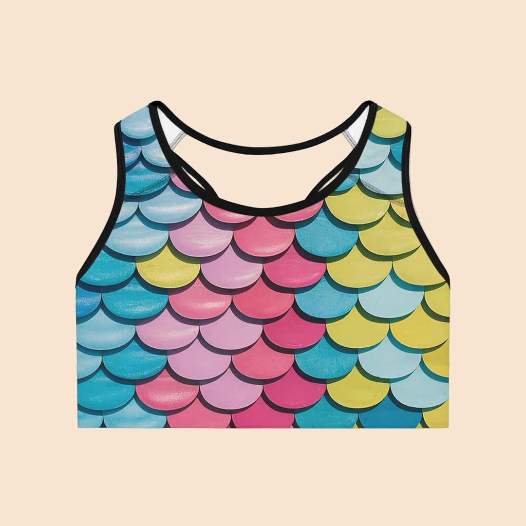 Sea Dragon Dreams seamless sports bra featuring a vibrant, multi-coloured mermaid scale pattern with black trim.