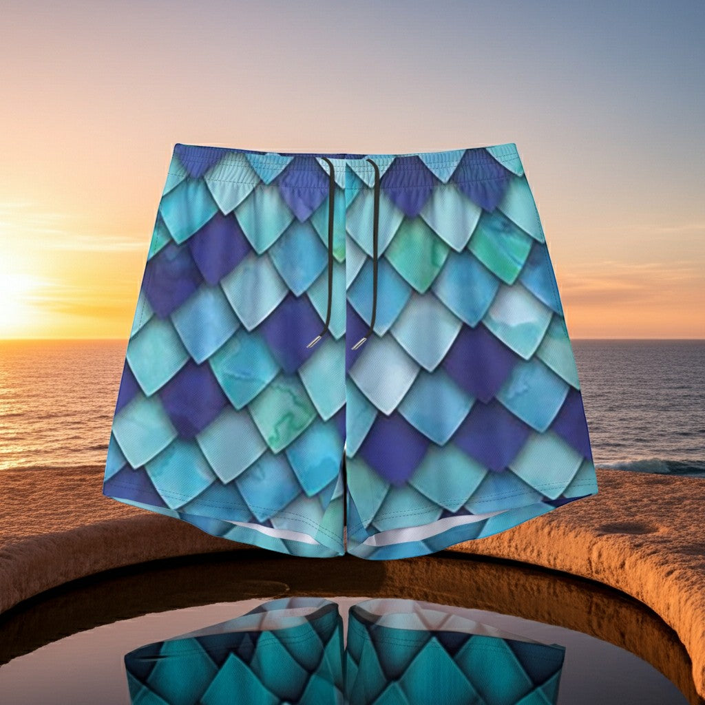 Sea Dragon Dreams men's swim shorts featuring a vibrant blue and purple mermaid scale pattern against a sunset beach.