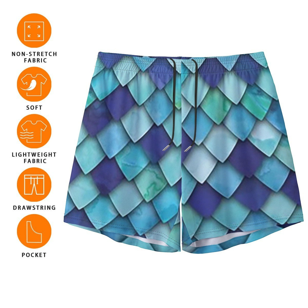 Sea Dragon Dreams men's swim shorts featuring a vibrant blue and purple mermaid scale pattern with an elastic drawstring