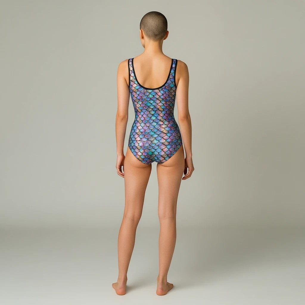 Sea Dragon Dreams vintage style one-piece swimsuit featuring a pearlescent mermaid scale pattern, back view.