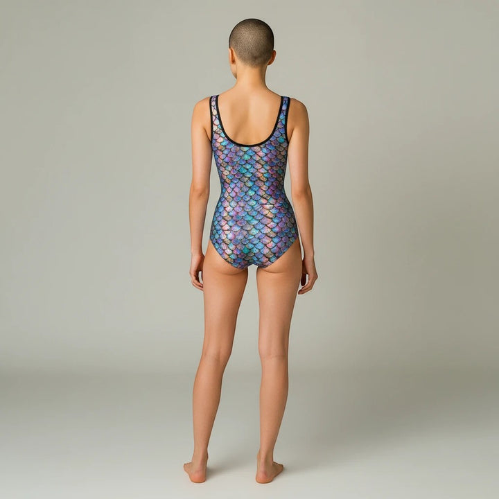 Sea Dragon Dreams vintage style one-piece swimsuit featuring a pearlescent mermaid scale pattern, back view.