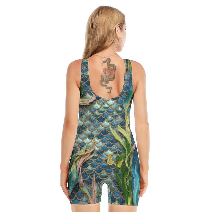 Sea Dragon Dreams sleeveless one-piece swimsuit with a colorful blue and green mermaid scale pattern, back view.