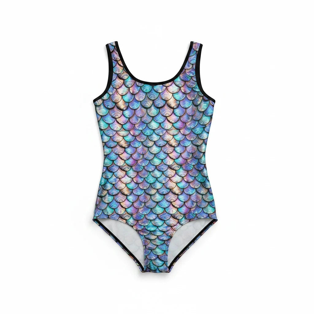 Sea Dragon Dreams vintage style one-piece swimsuit featuring a vibrant iridescent pearl mermaid scale pattern.