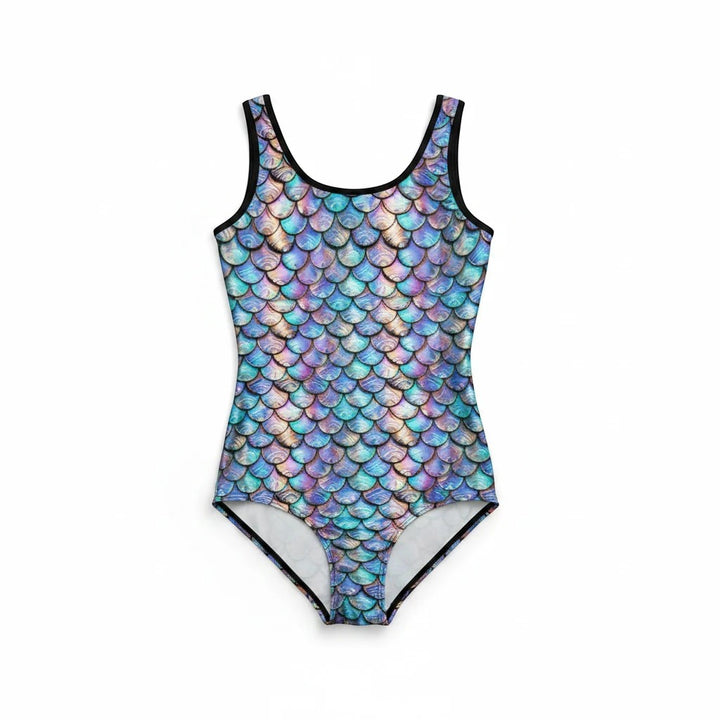 Sea Dragon Dreams vintage style one-piece swimsuit featuring a vibrant iridescent pearl mermaid scale pattern.