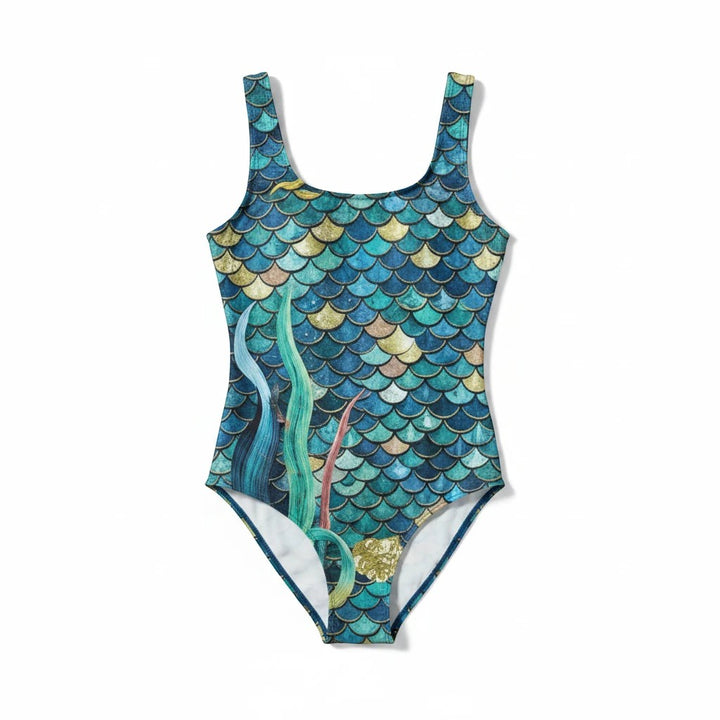 Sea Dragon Dreams one-piece swimsuit featuring a vibrant blue and green mermaid scale pattern and scoop neckline.
