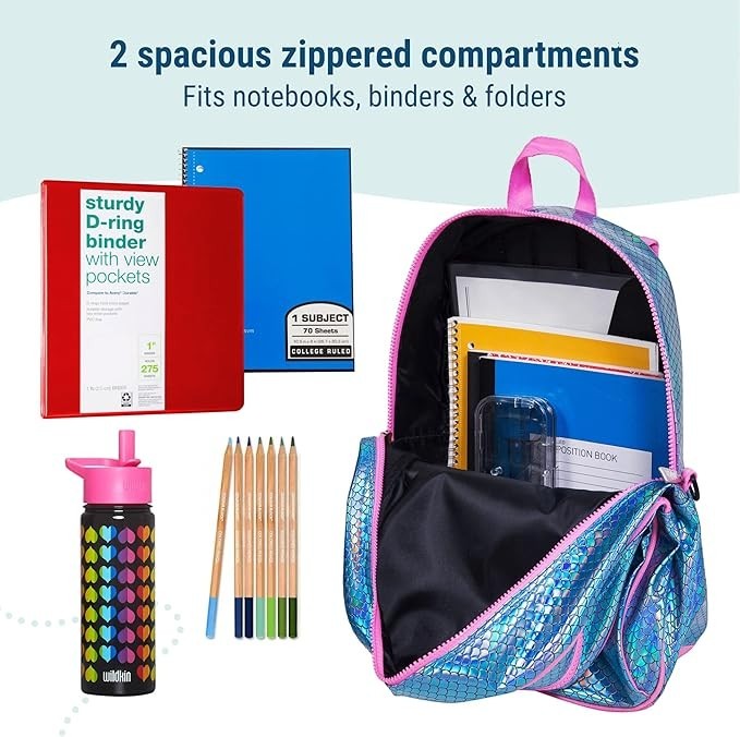 Sea Dragon Dreams Wildkin mermaid scales backpack open with school supplies like binders, notebooks, and water bottle.