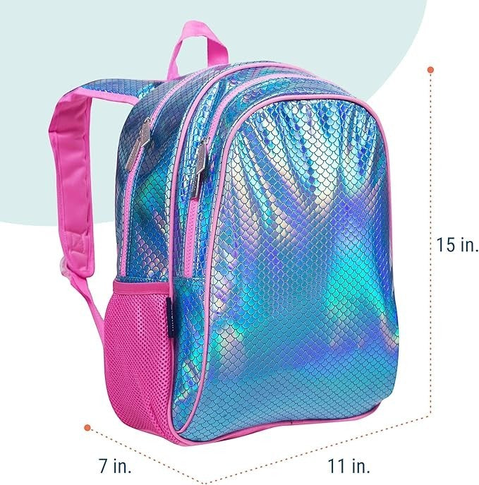 Sea Dragon Dreams Wildkin 15-inch kids backpack with iridescent blue and purple mermaid scale pattern and pink trim.