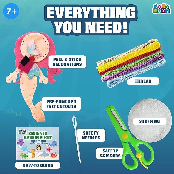 Sea Dragon Dreams MOMOTOYS mermaid sewing kit for kids with felt cutouts, safety needles, scissors, thread, and stuffing