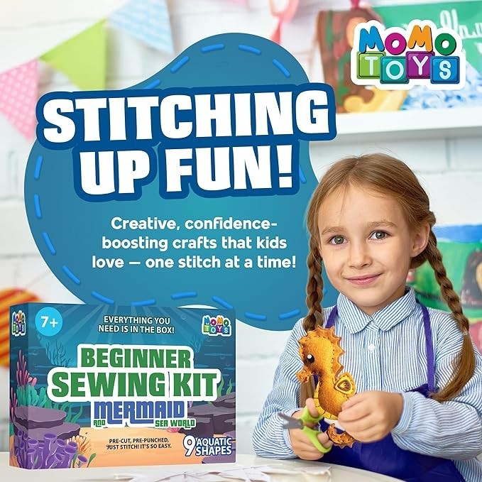 Sea Dragon Dreams MOMOTOYS mermaid sewing kit for kids with a girl crafting a felt seahorse in a bright room.