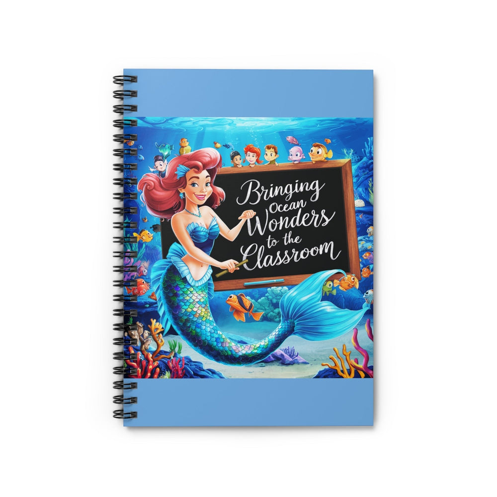 Sea Dragon Dreams spiral notebook featuring a colorful mermaid teacher with a chalkboard in an underwater classroom.