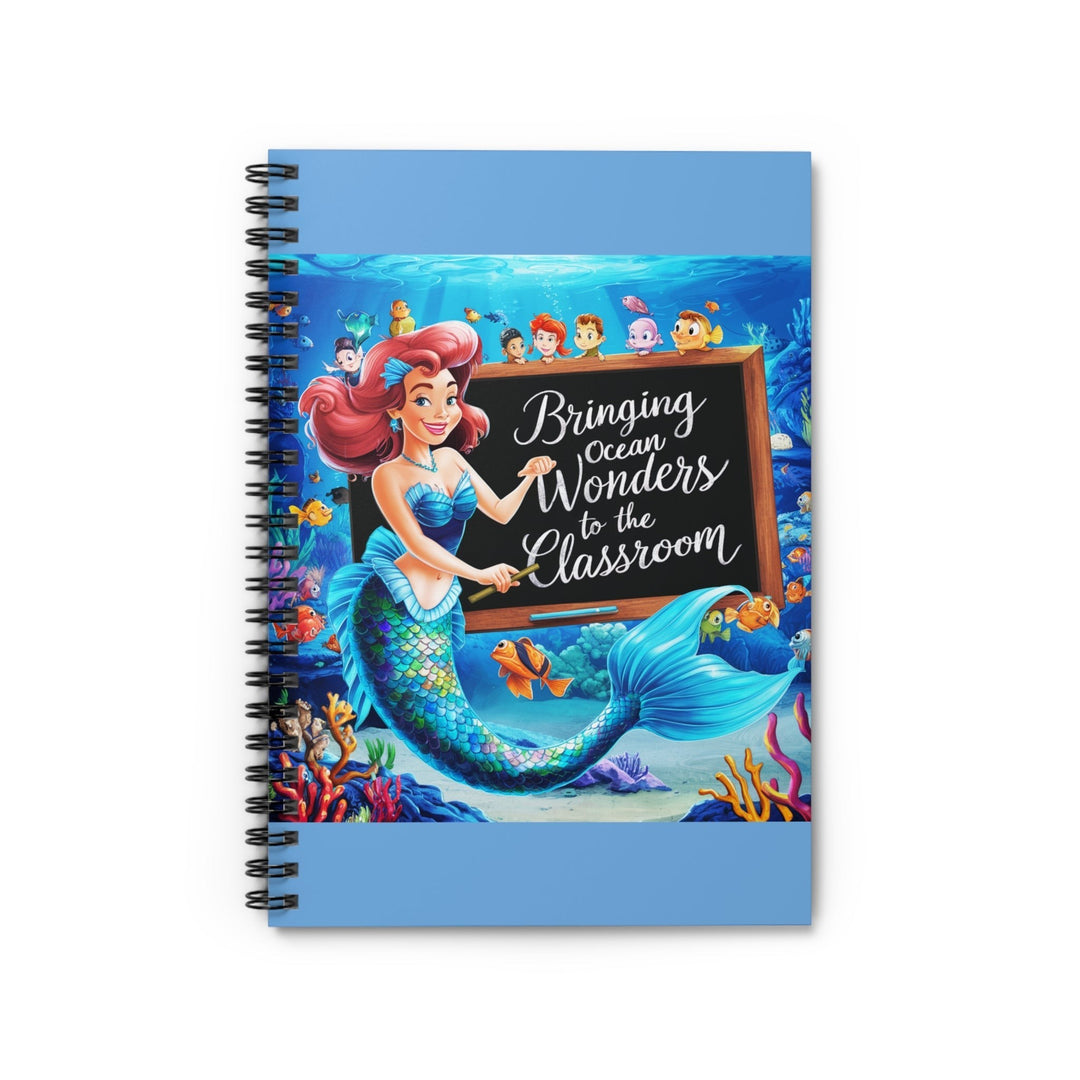 Sea Dragon Dreams spiral notebook featuring a colorful mermaid teacher with a chalkboard in an underwater classroom.