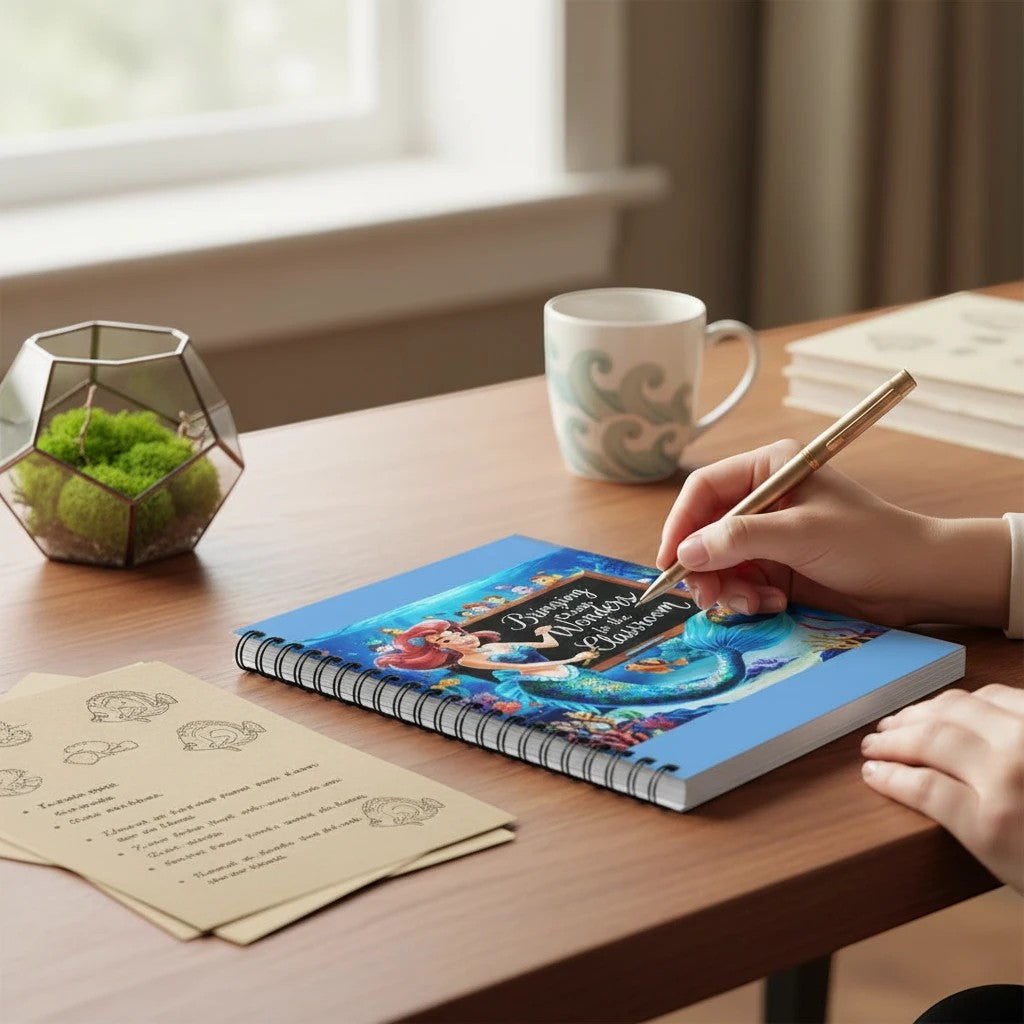 Sea Dragon Dreams spiral notebook with mermaid classroom illustration on a wooden desk with a pen and mug