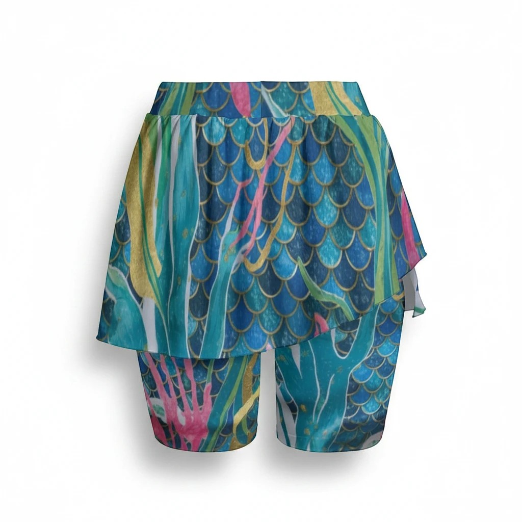 Sea Dragon Dreams mermaid print sports skort with blue scale pattern and seaweed design, featuring built-in shorts.