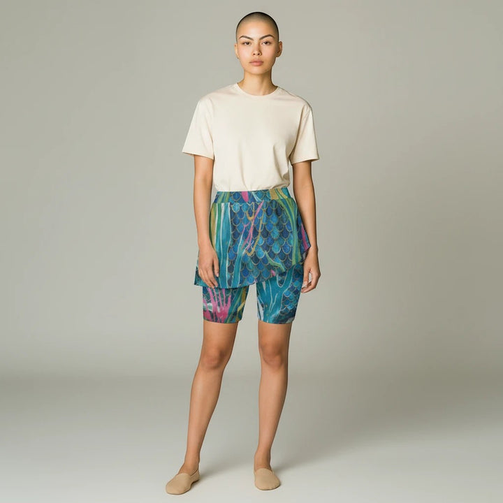 Sea Dragon Dreams women's sports skort featuring a vibrant mermaid scale print with built-in shorts for active wear.