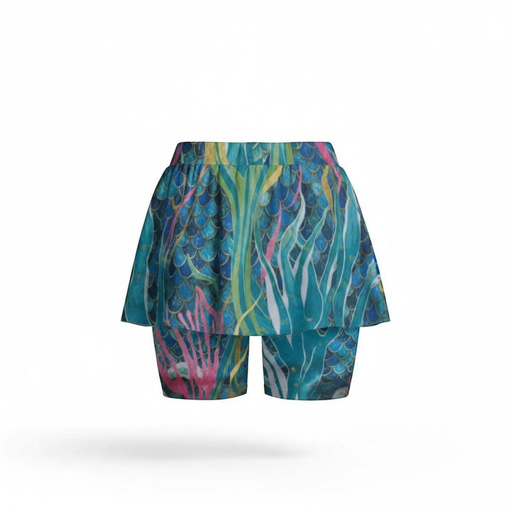 Sea Dragon Dreams mermaid print sports skort with built-in shorts, featuring blue scale and coral reef patterns.