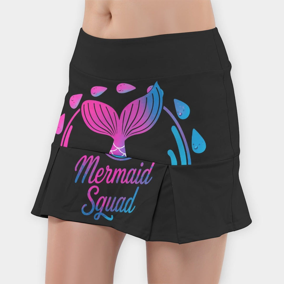 Sea Dragon Dreams black active skort with Mermaid Squad print featuring a pink and blue mermaid tail graphic