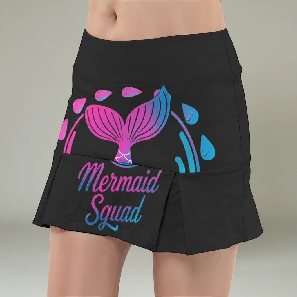 Sea Dragon Dreams Mermaid Squad active skort in black with a pink and blue mermaid tail graphic and text.