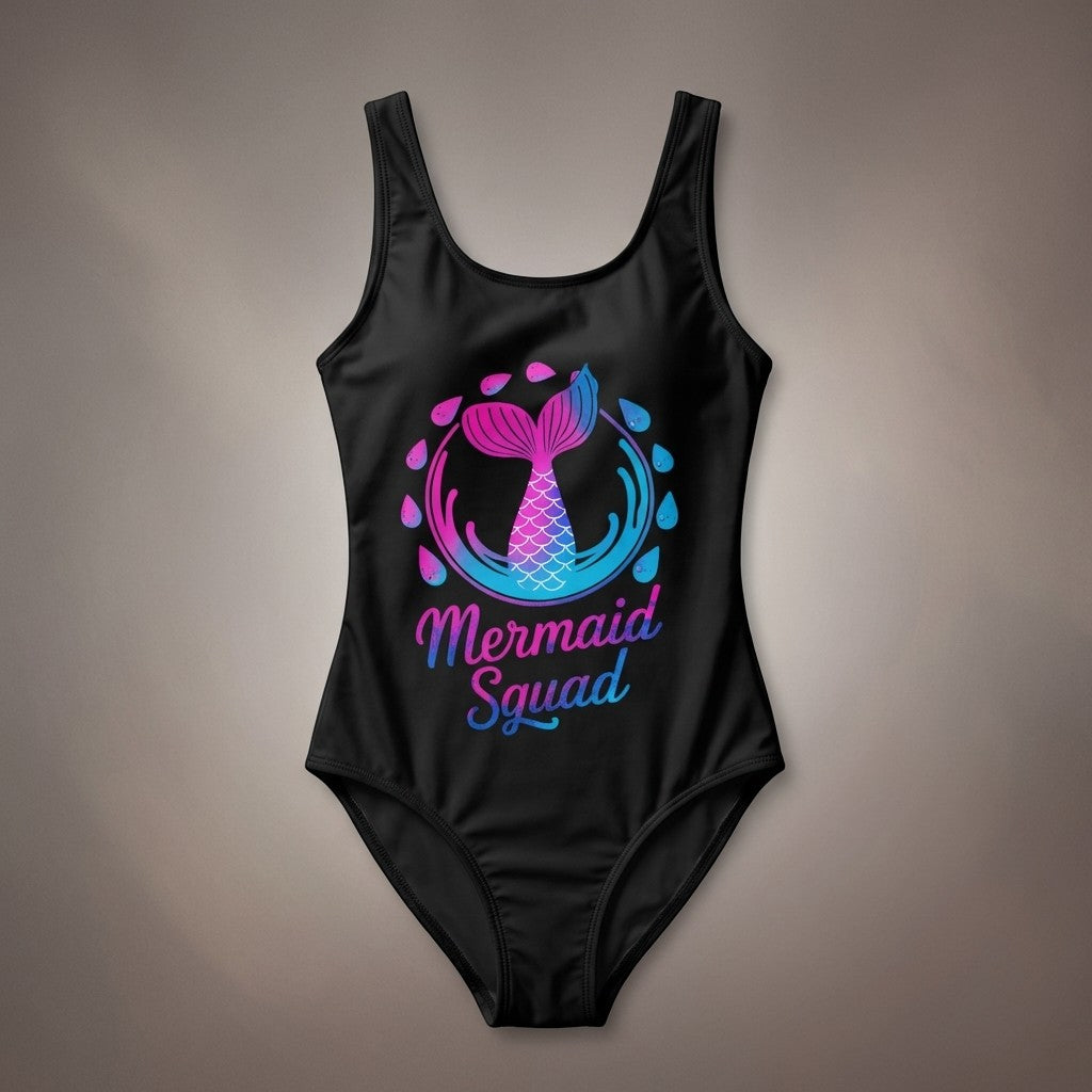 Sea Dragon Dreams black one-piece swimsuit with a pink and blue mermaid tail graphic and Mermaid Squad text