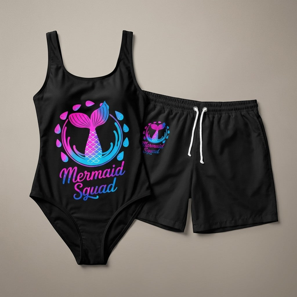 Sea Dragon Dreams black one-piece swimsuit and matching swim shorts with a pink and blue Mermaid Squad graphic print.