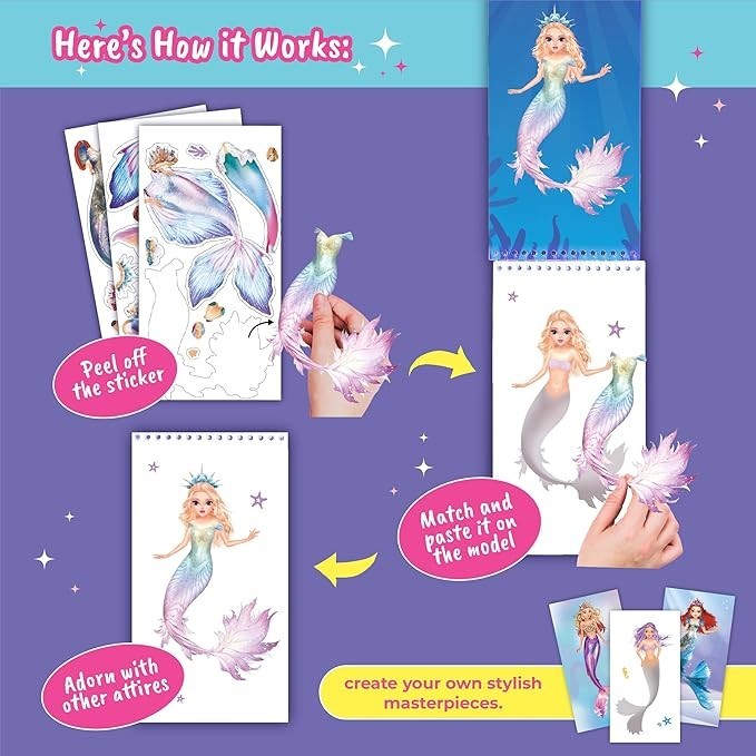 Sea Dragon Dreams mermaid dress-up sticker book showing how to peel, match, and paste colorful mermaid tail stickers.