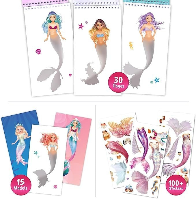 Sea Dragon Dreams mermaid dress-up sticker activity book with 30 pages, 15 models, and 100+ colorful fashion stickers.