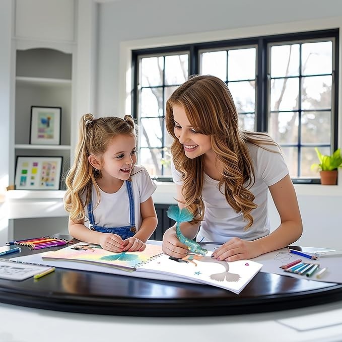 Sea Dragon Dreams mermaid dress-up sticker activity book being used by a young girl and her mother at a table.
