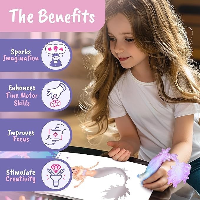 Sea Dragon Dreams mermaid sticker activity book with a young girl placing a sticker on a mermaid illustration