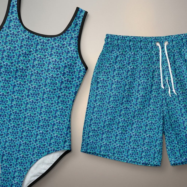 Sea Dragon Dreams vintage mermaid swimsuit and matching boyshorts in vibrant blue scale pattern